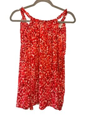 Liverpool Los Angeles red, pink & white abstract, ruffle tie, neck, satin tank M